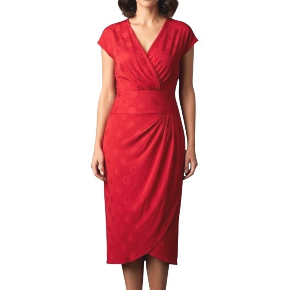 Vtg Y2K L.A. GLO Red SATIN Large Polka-Dots Jacquard PLEATED V-Neck Dress 9/10
